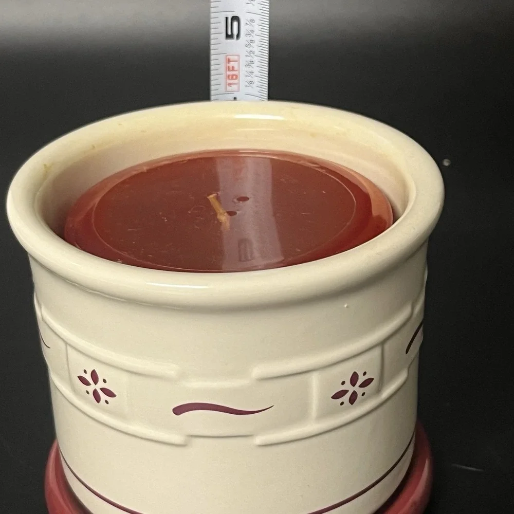 Longaberger Pottery Red Woven Traditions pint Crock, Lid, Coaster & New‎ Candle